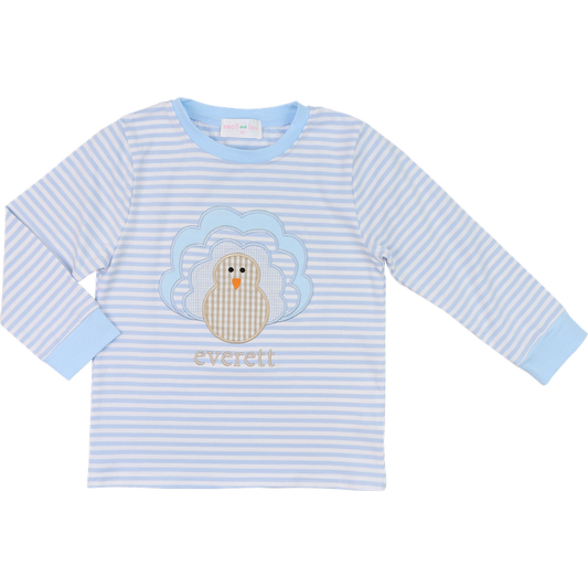 Blue Knit Stripe Applique Turkey Shirt