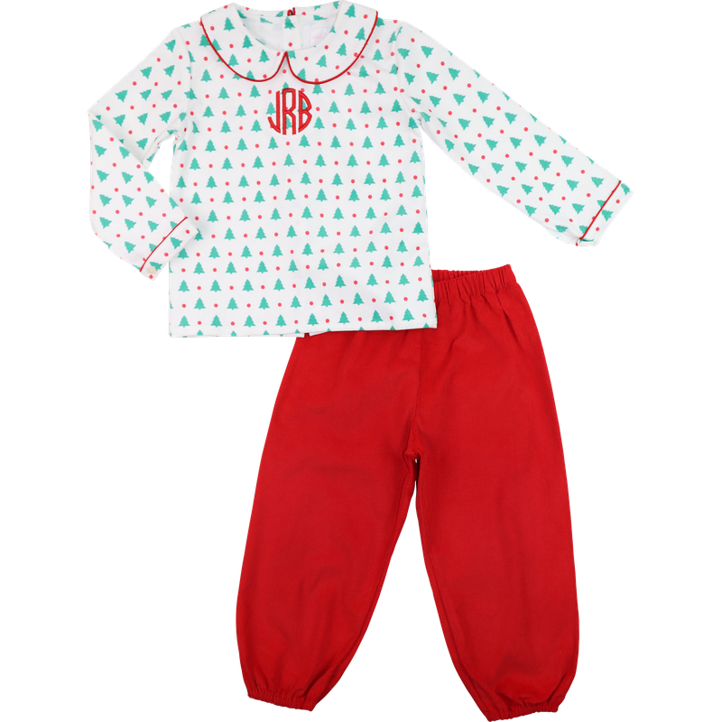 Red And Green Christmas Tree And Dots Corduroy Ankle Pant Set