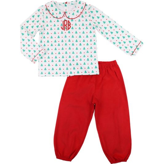 Red And Green Christmas Tree And Dots Corduroy Ankle Pant Set