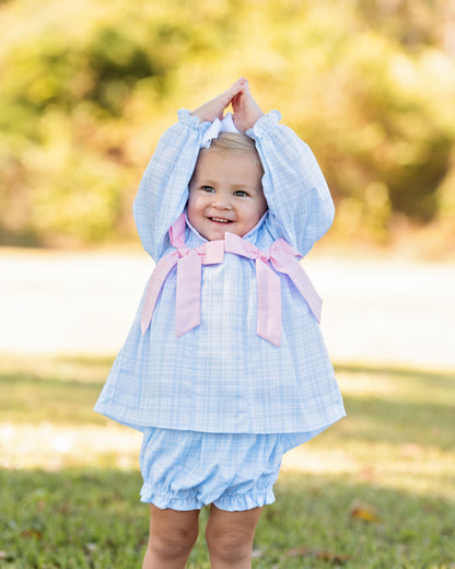 Blue Plaid Bow And Hearts Diaper Set