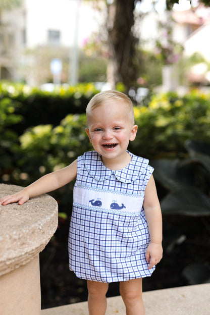 Blue And Navy Windowpane Smocked Whales Bubble