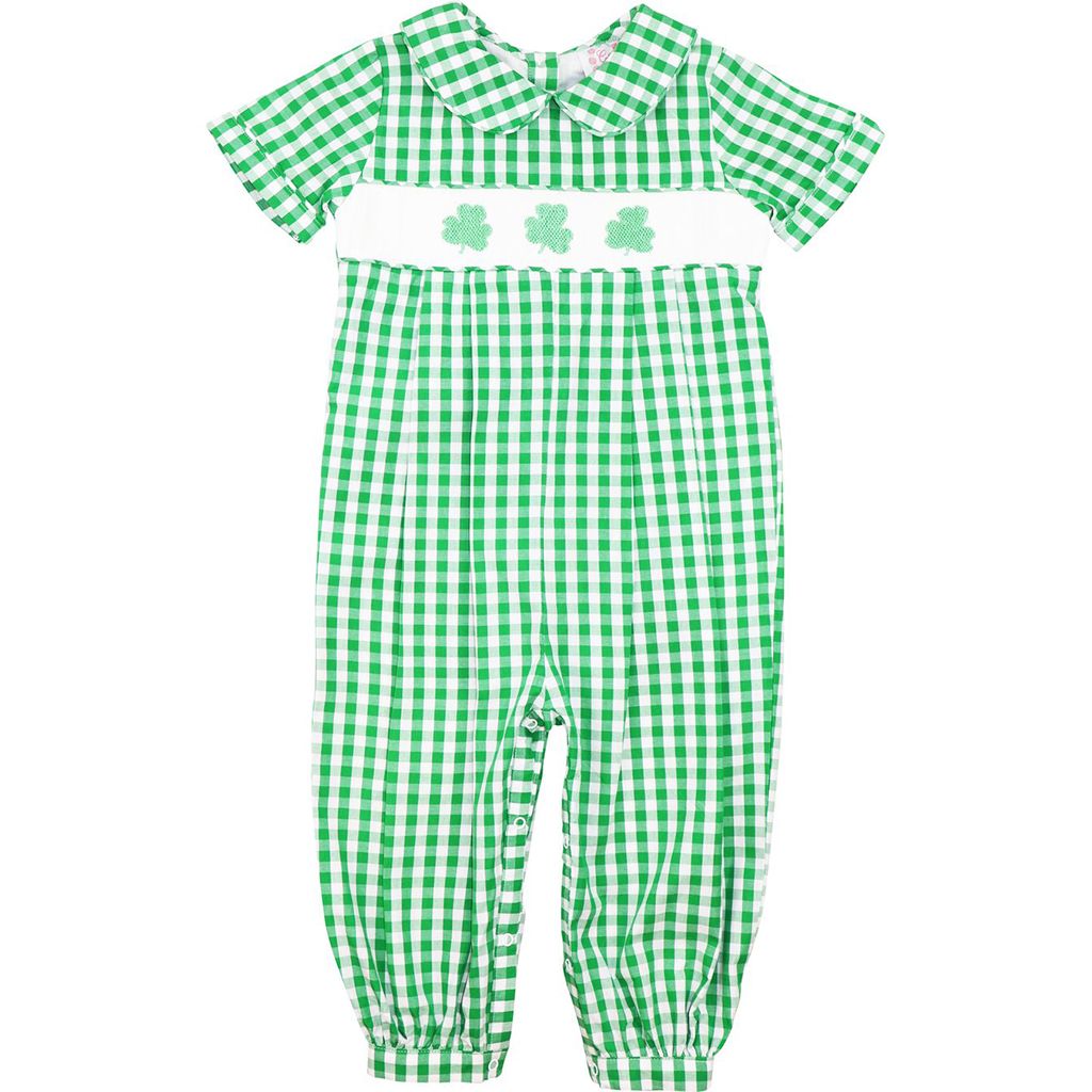 Green Check Smocked Shamrock Long Romper