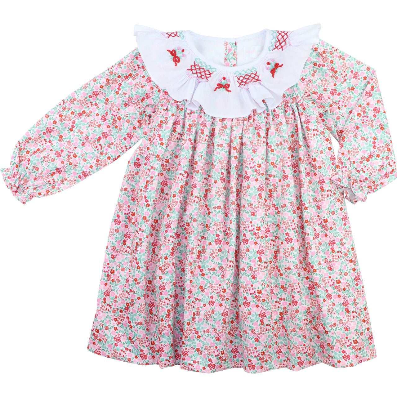 Red And Pink Floral Smocked Ruffled Collar Dress