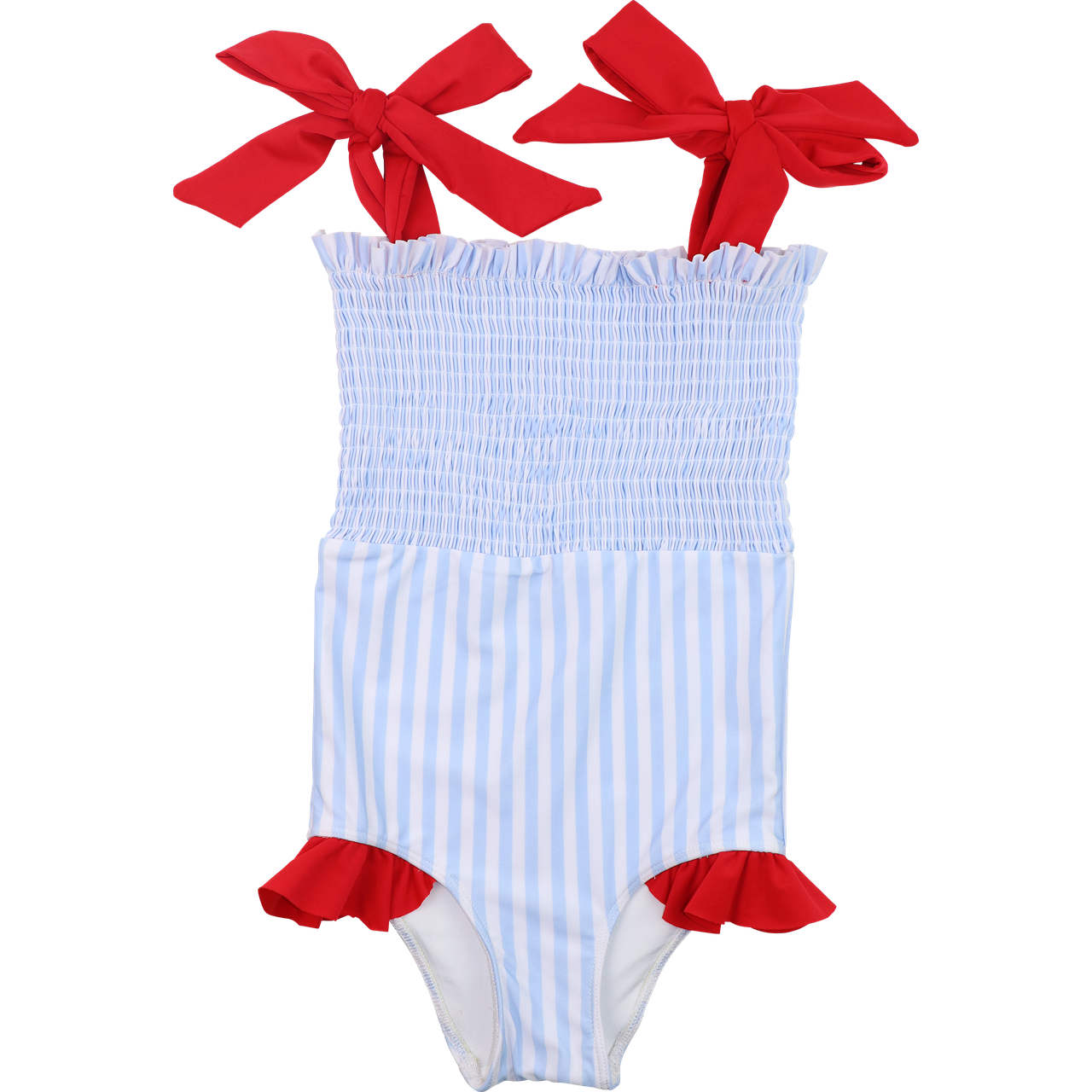 Blue And Red Stripe Smocked Lycra Swimsuit