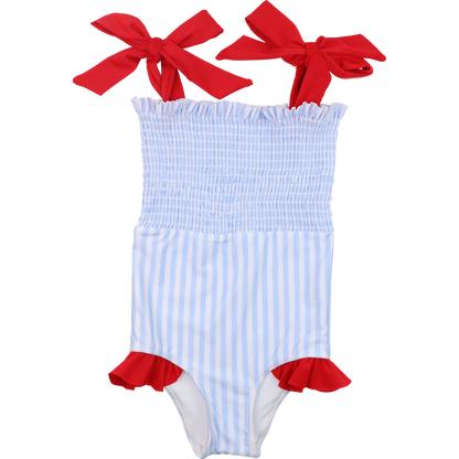 Blue And Red Stripe Smocked Lycra Swimsuit