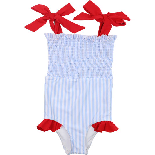 Blue And Red Stripe Smocked Lycra Swimsuit