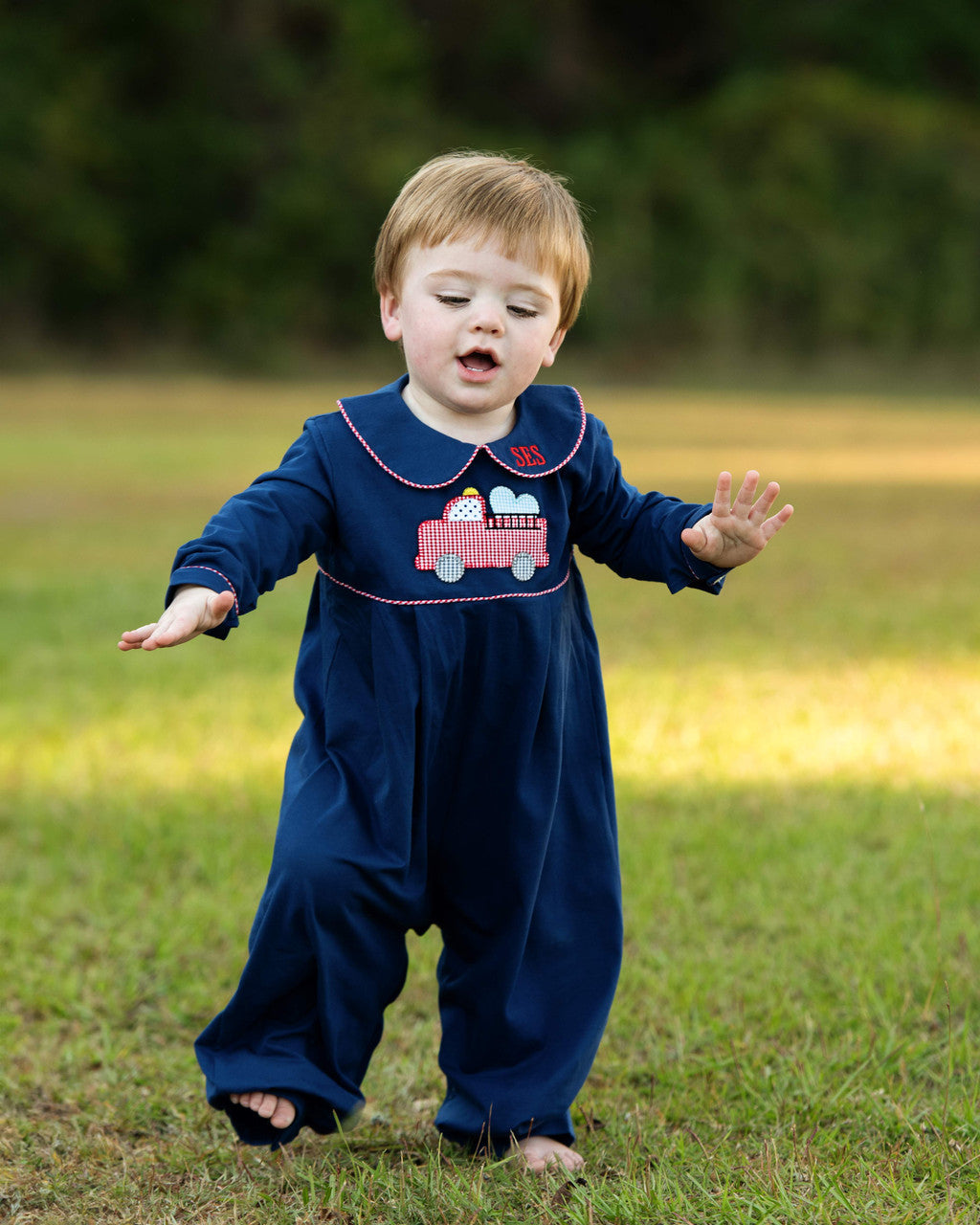 Navy Knit Applique Valentine Firetruck Long Romper