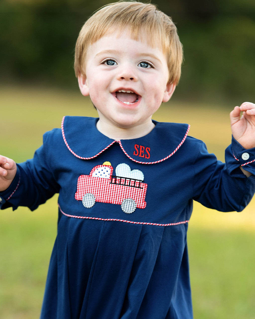 Navy Knit Applique Valentine Firetruck Long Romper