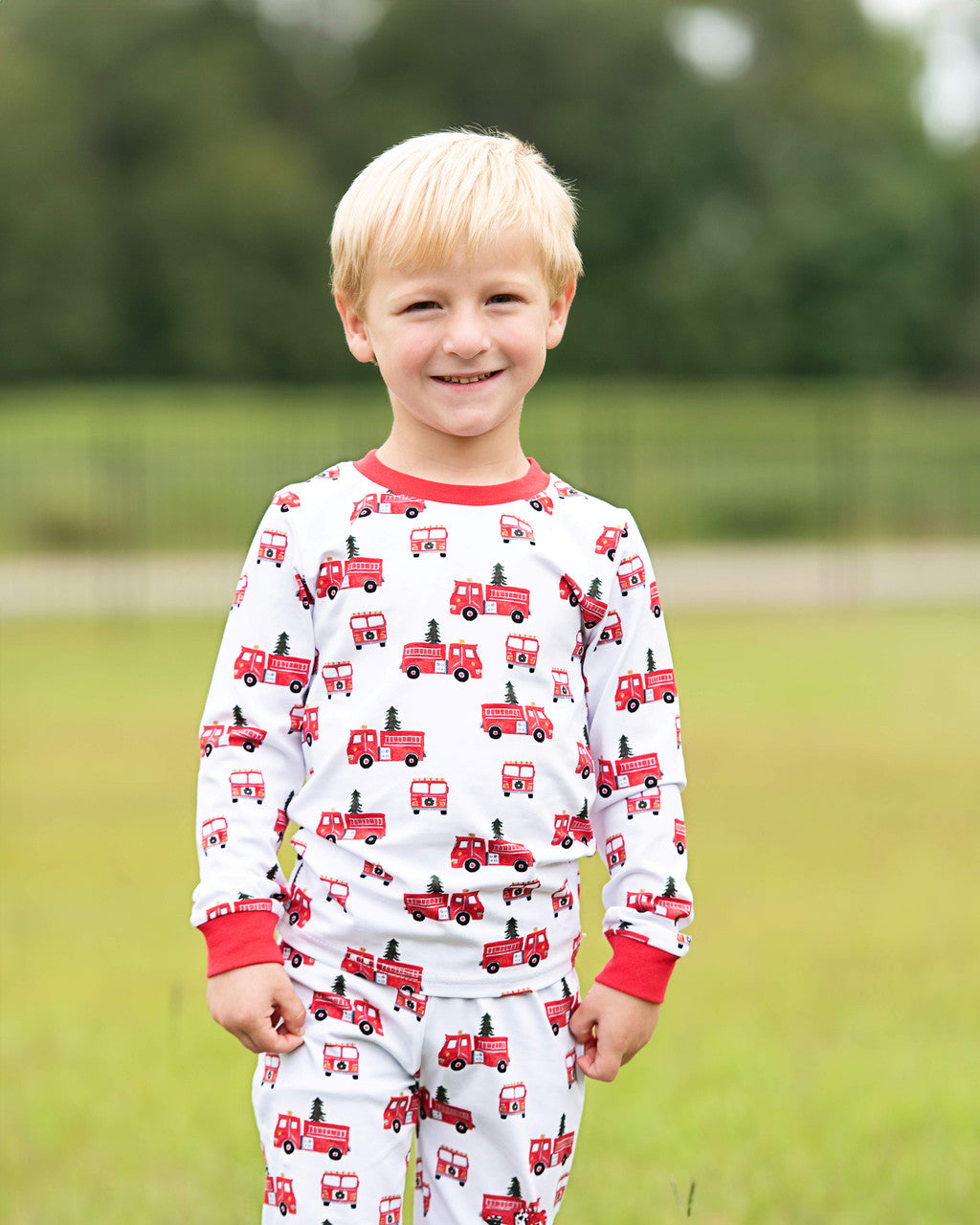 Red Christmas Firetruck Knit Pajamas