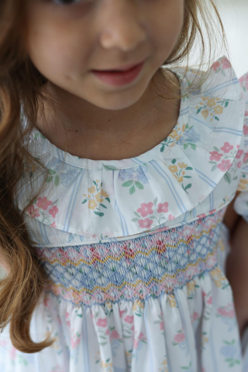 Pink And Blue Bouquet Smocked Dress