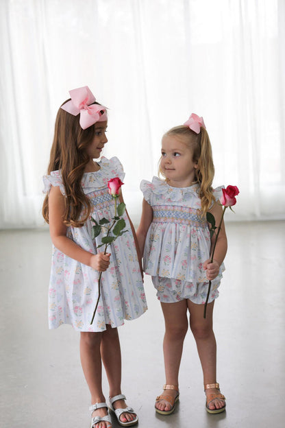 Pink And Blue Bouquet Smocked Dress