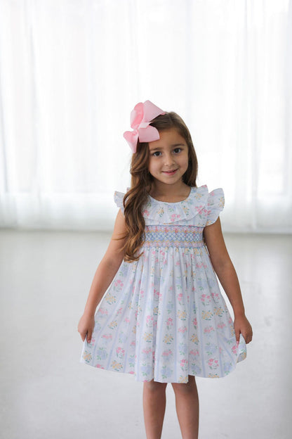 Pink And Blue Bouquet Smocked Dress