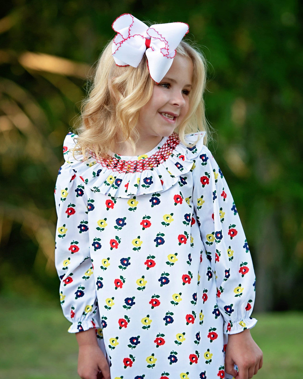 Red Smocked Flower Print Dress