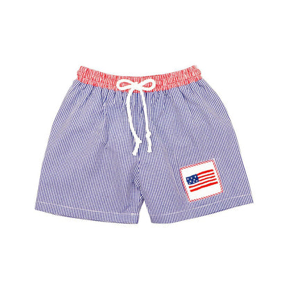 Navy And Red Gingham Smocked Flag Swim Trunks