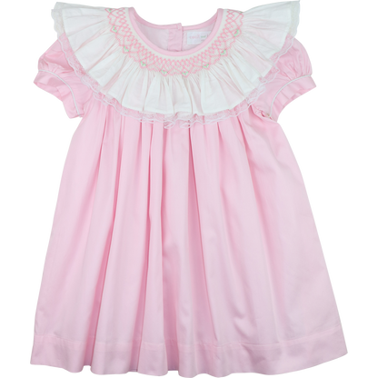 Pink Smocked Ruffle Neck Dress