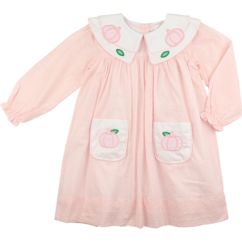 Pink Swiss Dot Applique Pumpkins Pocket Dress