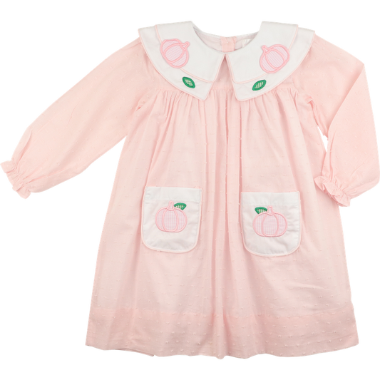 Pink Swiss Dot Applique Pumpkins Pocket Dress