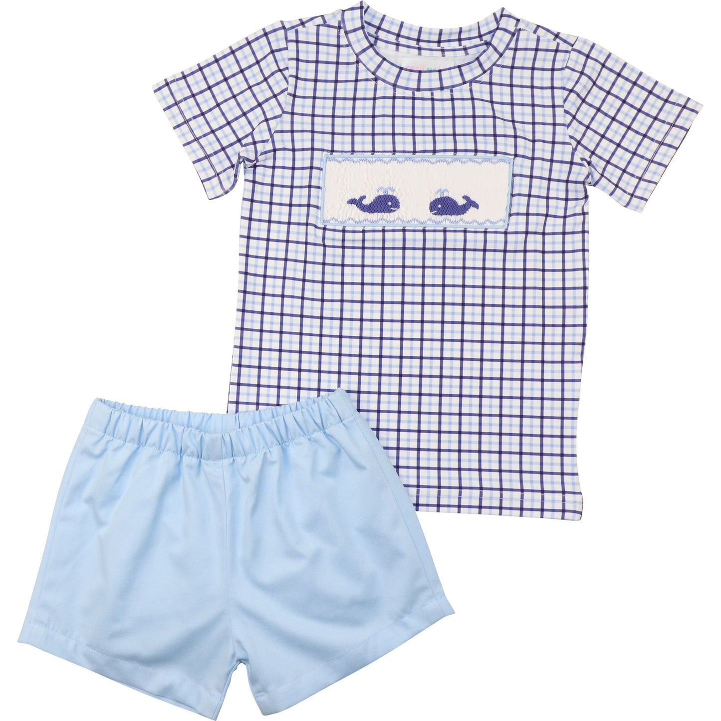 Blue And Navy Windowpane Smocked Whales Short Set