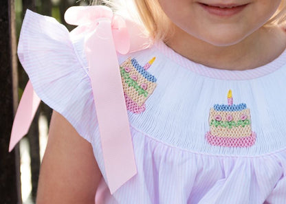 Pink Stripe Smocked Birthday Cake Bow Bubble