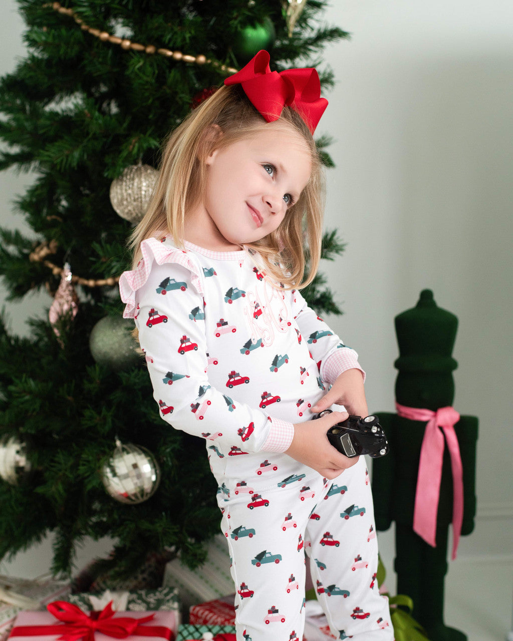 Pink, Red And Green Christmas Cars Knit Pajamas