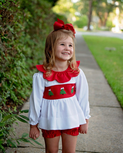 Girls Red And White Honeycomb Embroidered Christmas Tree Diaper Set