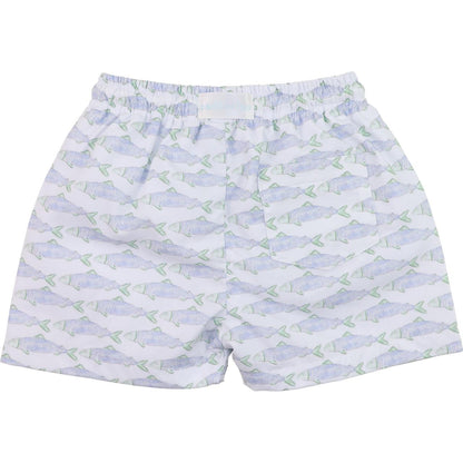 Green And Blue Trout Print Swim Trunks   Smocked Threads