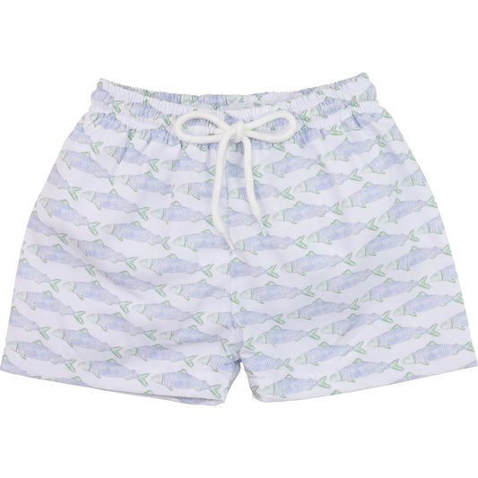 Green And Blue Trout Print Swim Trunks   Smocked Threads