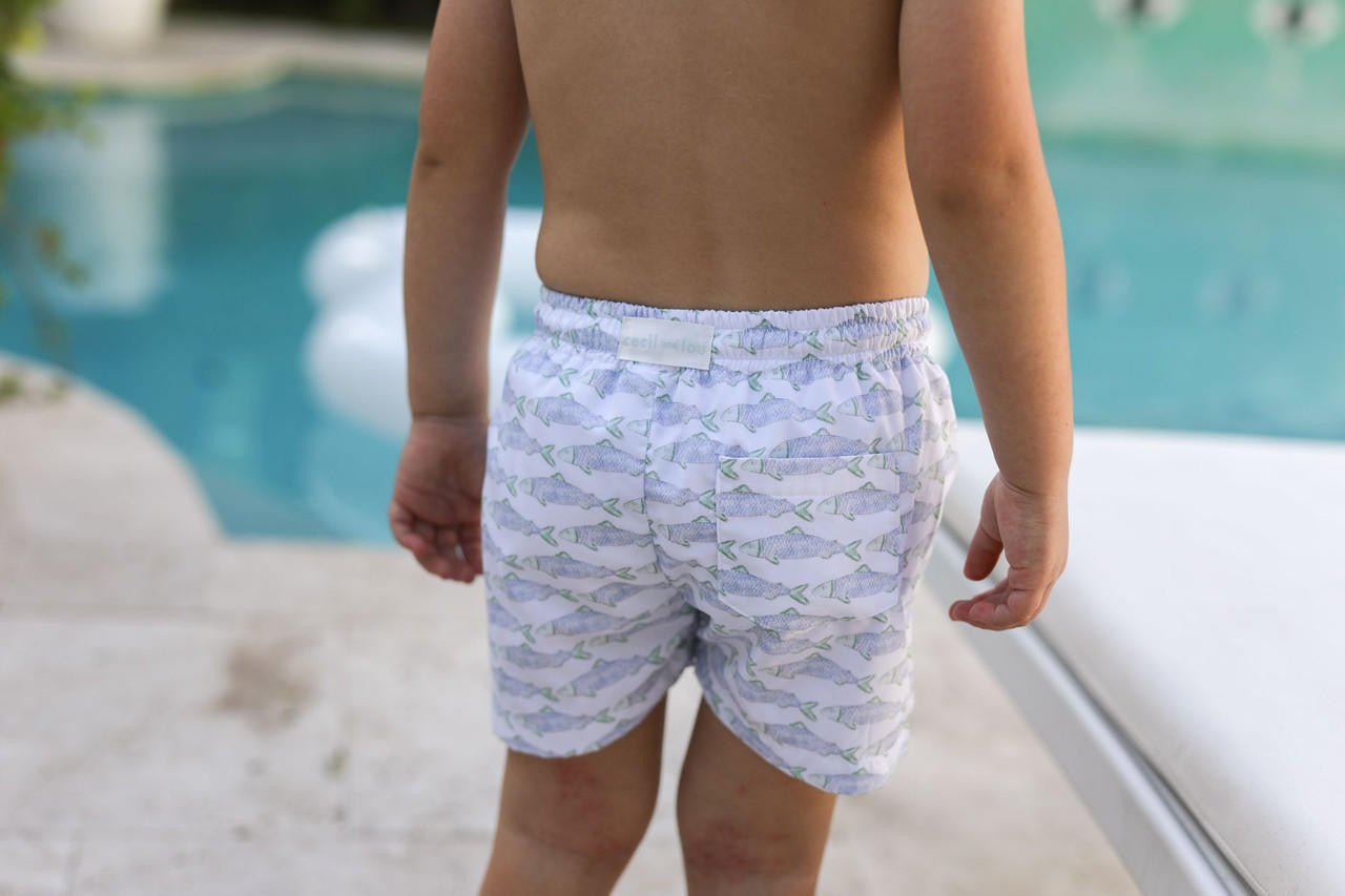 Green And Blue Trout Print Swim Trunks   Smocked Threads