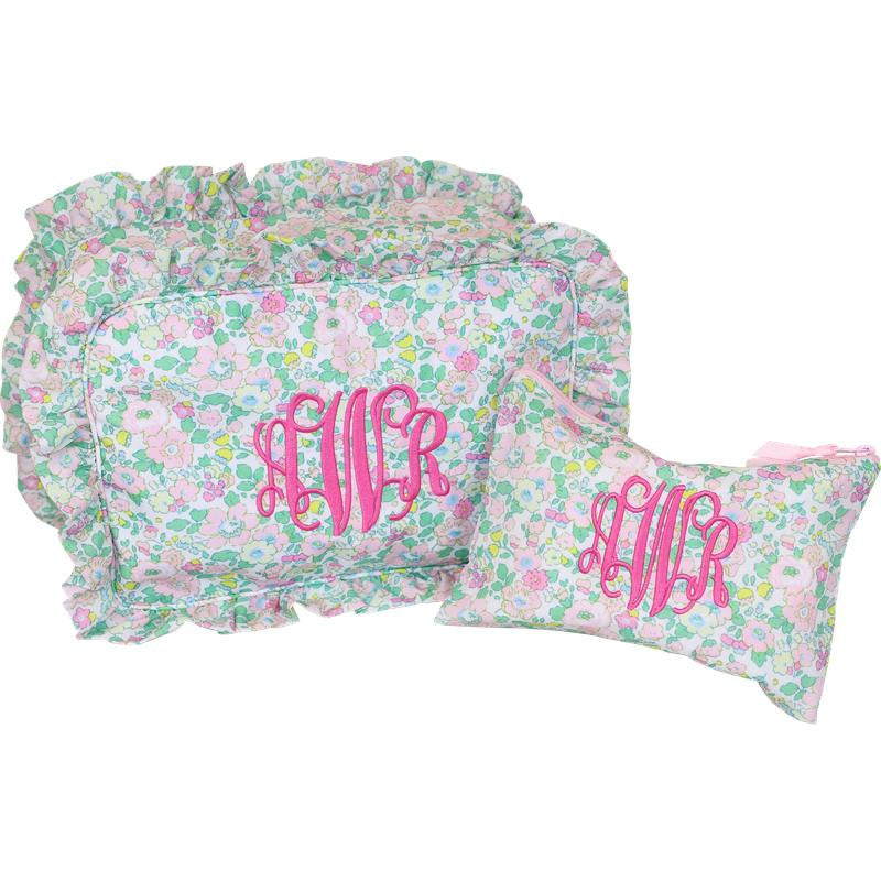 Green and Pink Floral Ruffle Pouch  Monogram - Cecil and Lou