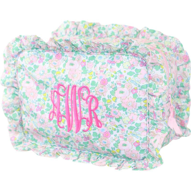 Green and Pink Floral Ruffle Pouch  Monogram - Cecil and Lou