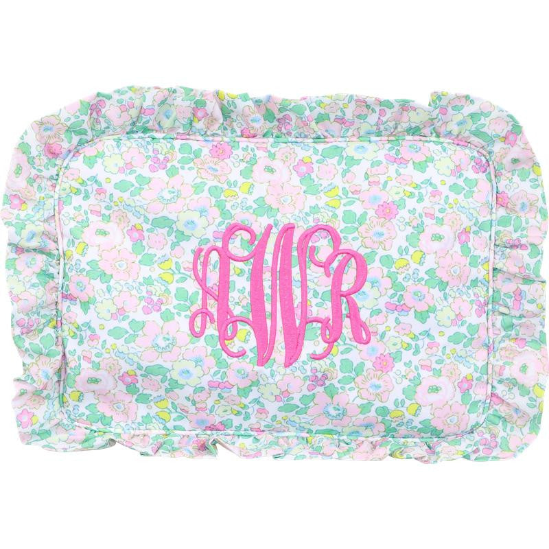 Green and Pink Floral Ruffle Pouch  Monogram - Cecil and Lou