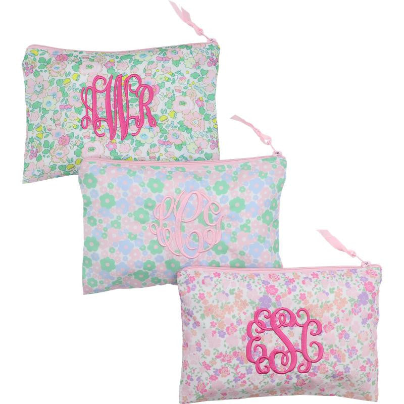 Green and Pink Floral Zipper Pouch  Monogram - Cecil and Lou