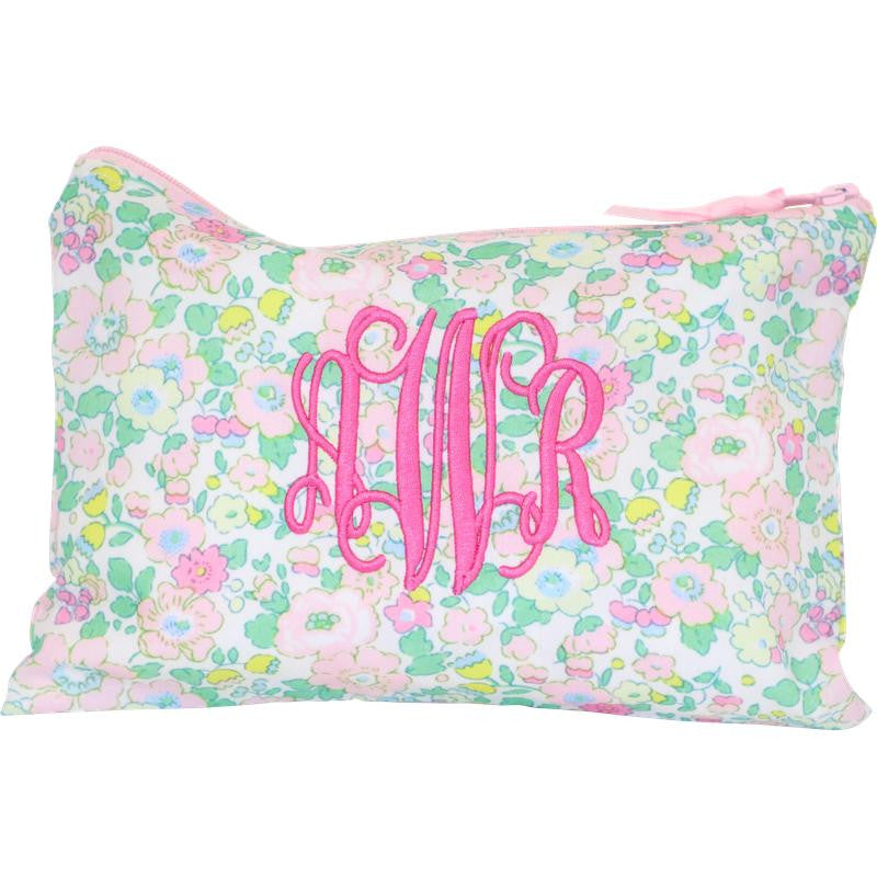 Green and Pink Floral Zipper Pouch  Monogram - Cecil and Lou