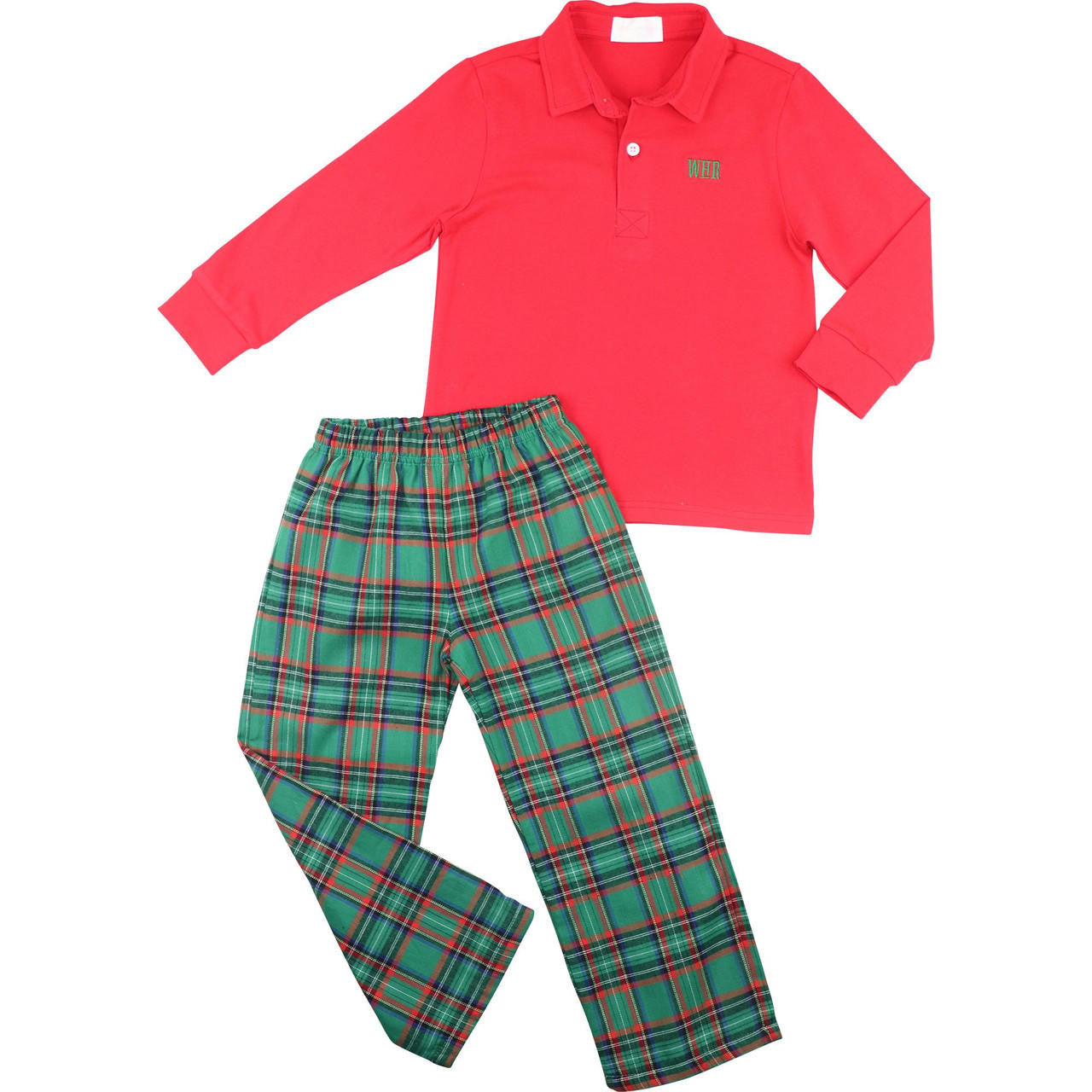 Green And Red Plaid Flannel Polo Pant Set - Shipping Mid November  Monogram