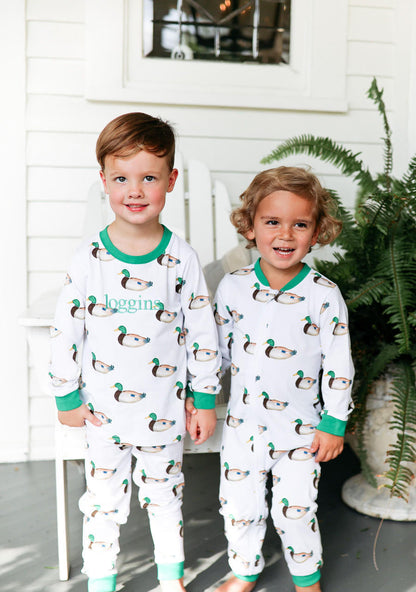 Green And White Knit Mallard Pajamas   Monogram - Cecil and Lou