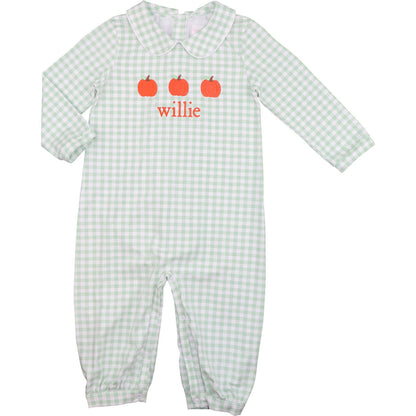 Green Check Knit Embroidered Pumpkin Long Romper Monogram