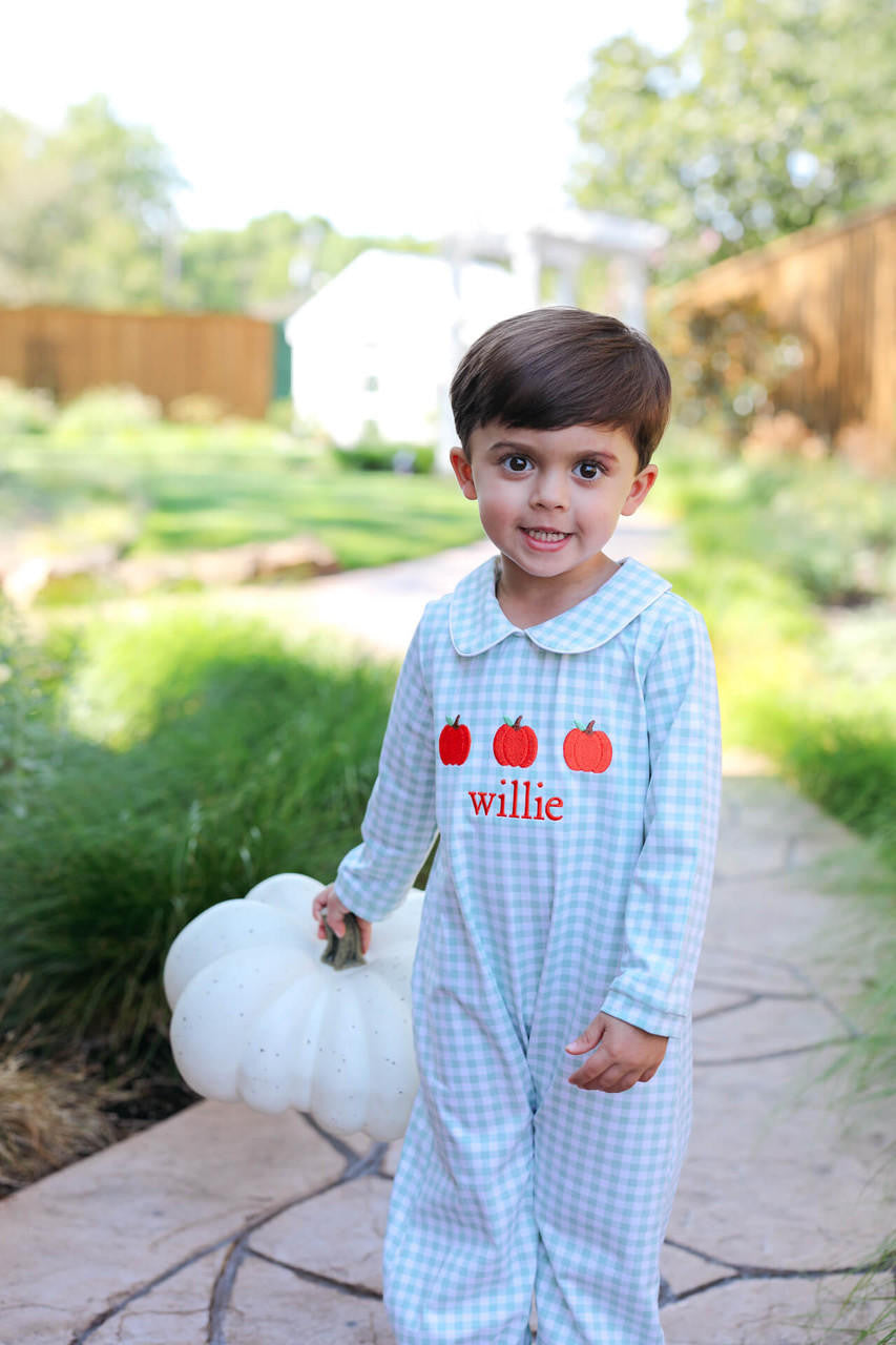 Green Check Knit Embroidered Pumpkin Long Romper Monogram