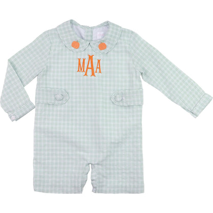 Green Plaid Embroidered Pumpkin Short Romper - Shipping Late September  Monogram