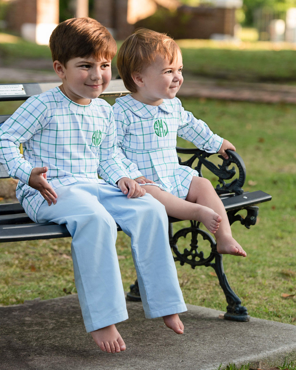 Green And Blue Windowpane Corduroy Pant Set