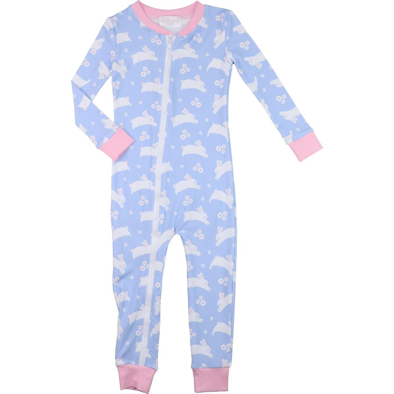 Blue And Pink Hopping Bunny Knit Zipper Pajamas