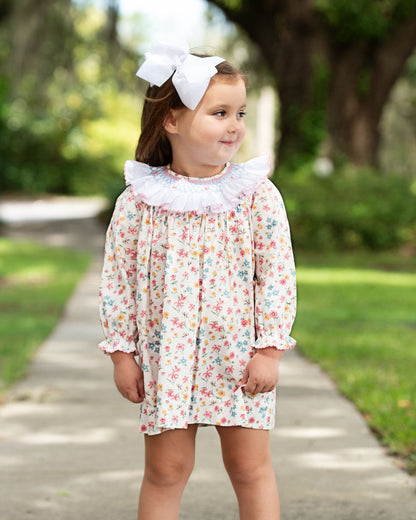 Pink And Blue Floral Smocked Ruffled Collar Dress