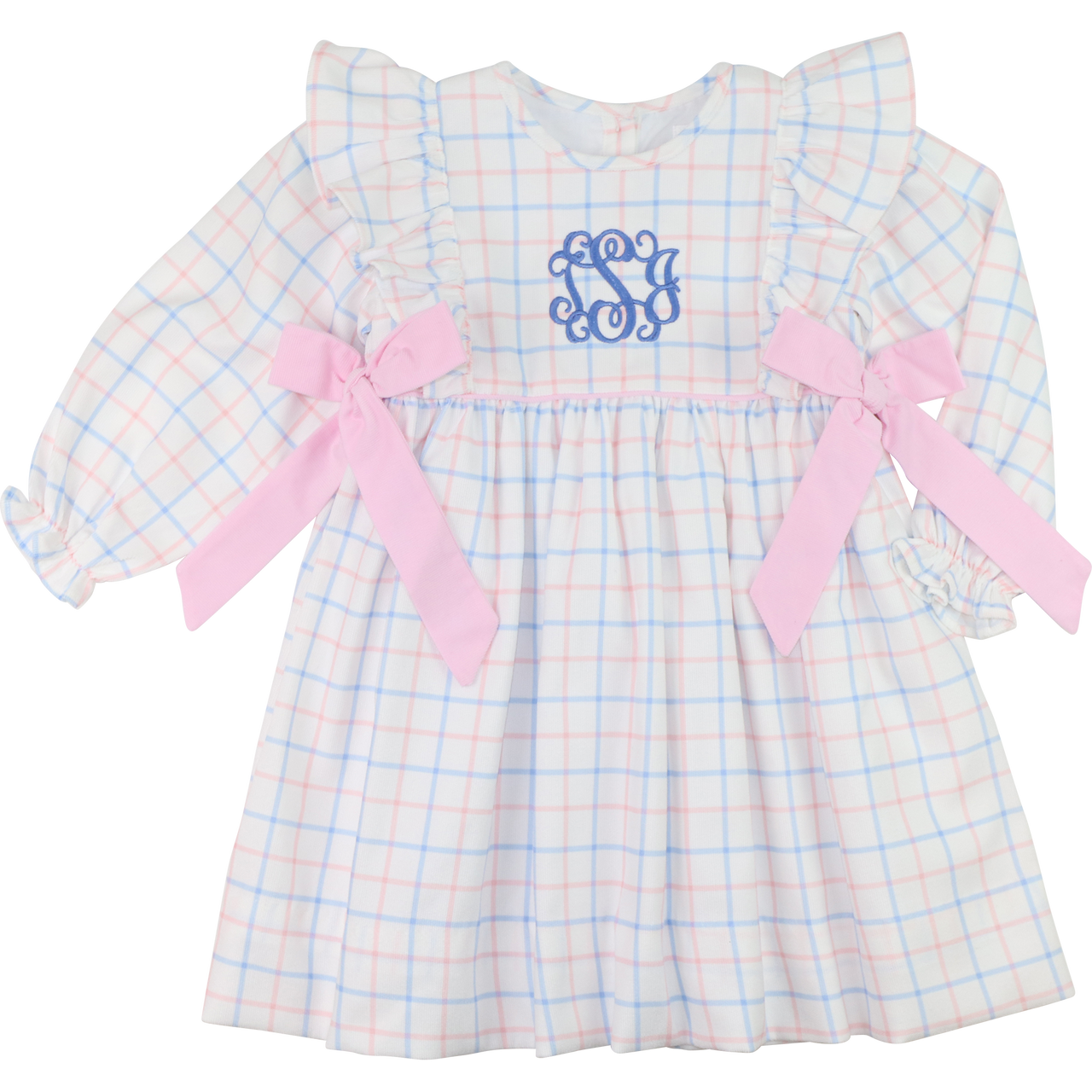 Pink And Blue Windowpane Corduroy Bow Dress