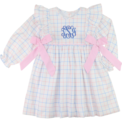 Pink And Blue Windowpane Corduroy Bow Dress