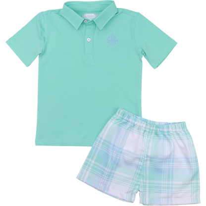 Mint And Blue Plaid Polo Short Set