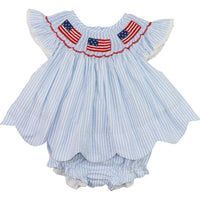 Blue Seersucker Smocked Flags Diaper Set