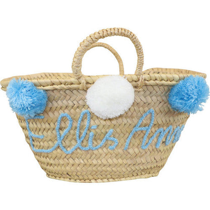 Straw Tote Basket With Blue Pom Pom (Name Included)