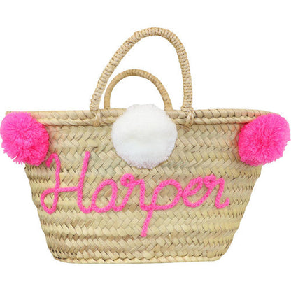 Straw Tote With Pink Pom Poms (Name Included)