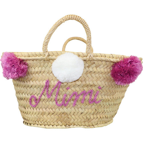 Straw Tote With Purple Pom Pom (Name Included)