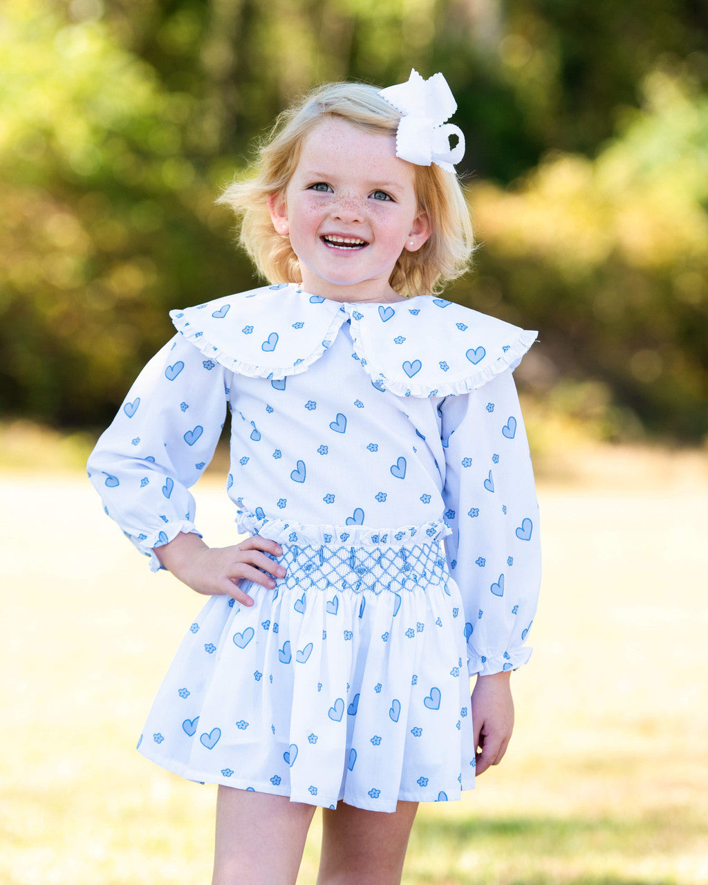 Blue Heart Print Smocked Skirt Set