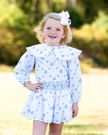 Blue Heart Print Smocked Skirt Set